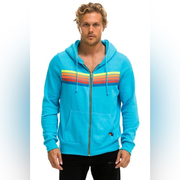 AVIATOR NATION 5 STRIPE HOODIE - NEON BLUE // NEON RAINBOW | EUC!!🩵🌈🩵🌈 - Picture 2 of 13